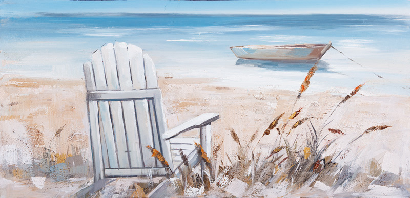 PXYW595 Wall décor art oil on canvas seascape deckchair blue white tones